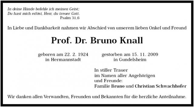 Knall Bruno 1924-2009 Todesanzeige